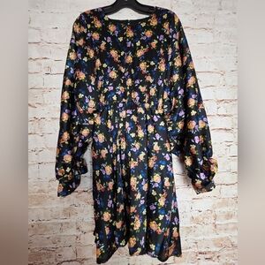 Zara Women’s Black Floral Long Sleeve elastic waist Mini Dress Size XL